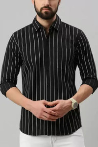 FATTY MOUSE Men Striped Casual Black Shirt