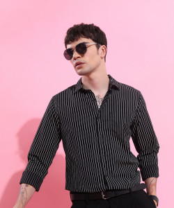 HIGHLANDER Men Striped Formal Black Shirt