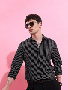 HIGHLANDER Men Striped Formal Black Shirt