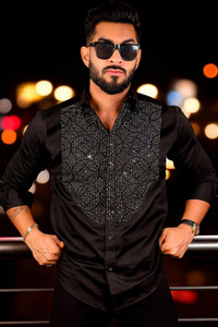 Plus91 Men Embellished Party Black Shirt