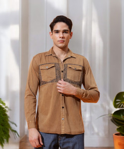 Double One Men Solid Casual Brown Shirt