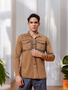 Double One Men Solid Casual Brown Shirt