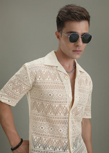 Plus91 Men Self Design Beach Wear Cream Shirt