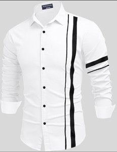 HEMADHAV Men Striped Casual White, Black Shirt