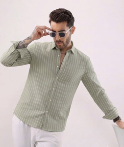 Roadster Men Light Green Striped Shirt - Image 6