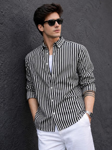 DHADUK Men Striped Casual Black, White Shirt