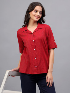 HZER Women Self Design Party Red Shirt