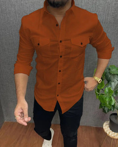 DEEMOON Men Solid Casual Orange Shirt