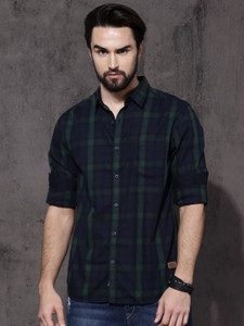 Roadster Men Checkered Casual Dark Blue Shirt