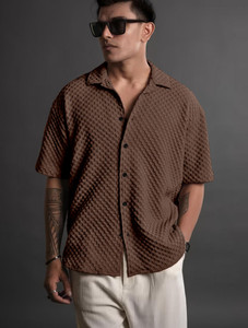 Hemline Men Self Design Casual Brown Shirt