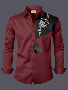 VeeraFlex Men Embroidered Casual Maroon Shirt