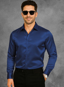 SOLSTICE Men Solid Party Dark Blue Shirt