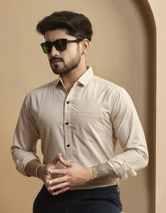 STONEBERG Men Solid Formal Cream Shirt