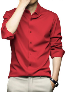 DEEMOON Men Solid Formal Red Shirt