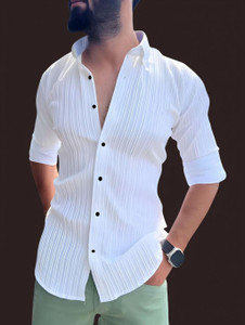 oquent Men Self Design Casual White Shirt