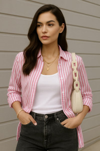 Femibazaar Women Striped Casual Pink Shirt