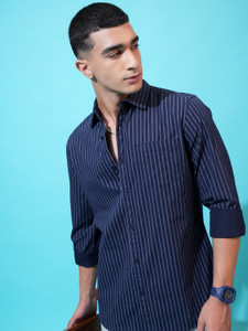 HIGHLANDER Men Striped Formal Grey Shirt
