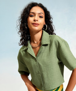 Tokyo Talkies Women Solid Casual Green Shirt