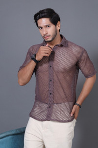 Lunice Men Self Design Casual Brown Shirt
