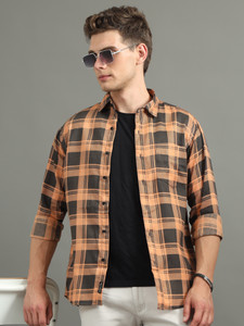 Indi Hemp Men Checkered Casual Beige, Black Shirt