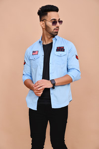 Valveera Men Embroidered Casual Light Blue Shirt