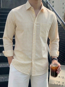 Anzug Men Checkered Casual Yellow Shirt