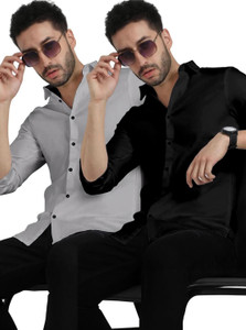 OXXOM Men Solid Casual Black, Grey Shirt
