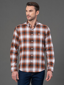 RED TAPE Men Checkered Casual Orange, Silver Shirt