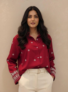 Vinhscape Women Embroidered Casual Red Shirt