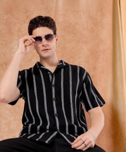 The Indian Garage Co. Men Striped Beach Wear Black Shirt