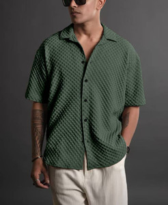 Voroxy Men Self Design Casual Green Shirt