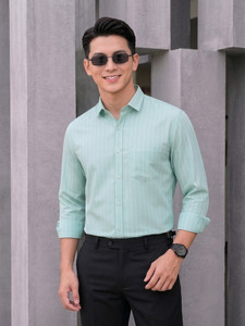MILDIN Men Striped Formal Light Green Shirt