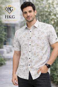 HKG Men Beige Floral Print Casual Shirt - Image 4
