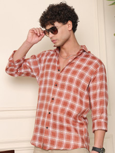 METRONAUT Men Checkered Casual Orange Shirt