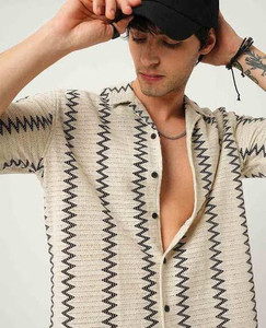 SHOPBAZAR Men Geometric Print, Printed Casual Cream Shirt