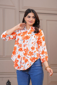 Maquien Women Printed Casual Orange Shirt