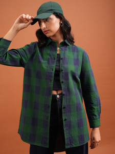 Tokyo Talkies Women Checkered Casual Dark Green, Dark Blue Shirt