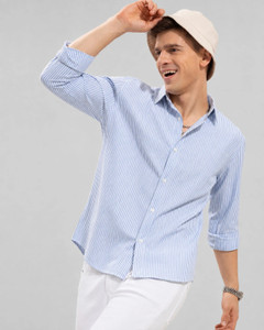 QueenStore Men Striped Casual Blue Shirt