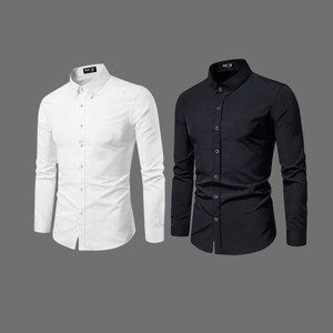 EVIQE Men Solid Casual Black, White Shirt