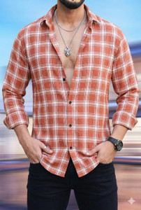 SMARTYFASHION Men Orange Checkered Casual Shirt - Image 6