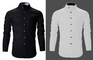 Blue dove Men Solid Casual Black, White Shirt