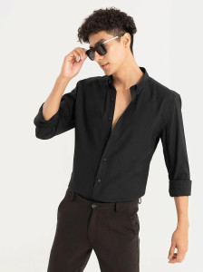 MOONBELL Men Striped Casual Black Shirt