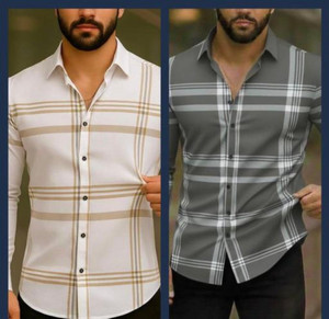 JACKBELLA Men Striped Grey, White Shirt - Image 1