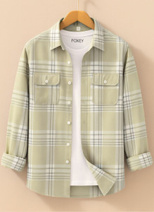 FOXEY Men Checkered Casual Yellow Shirt