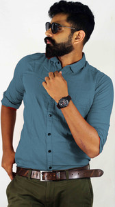 Indi Hemp Men Solid Casual Dark Green Shirt