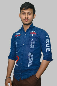 BPTFH Men Printed, Solid Casual Blue Shirt