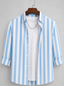 Shimak International Men Striped Casual Blue, White Shirt