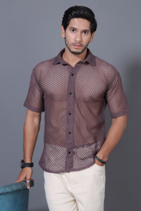 DearDean Men Self Design Casual Brown Shirt