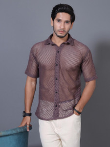 DearDean Men Self Design Casual Brown Shirt