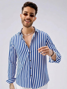 SANBROS Men Striped Casual Blue, White Shirt